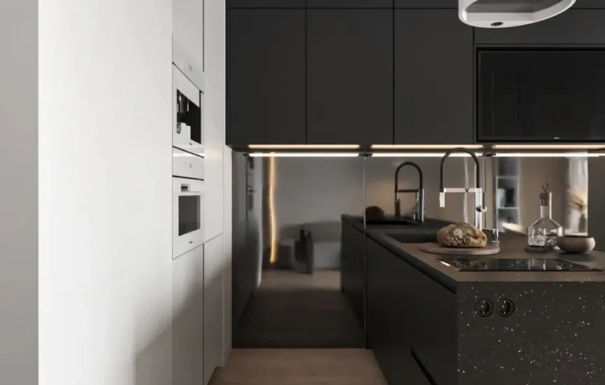 Contemporary kitchen design featuring a stone backsplash and matte finishes, Kapolei showroom display