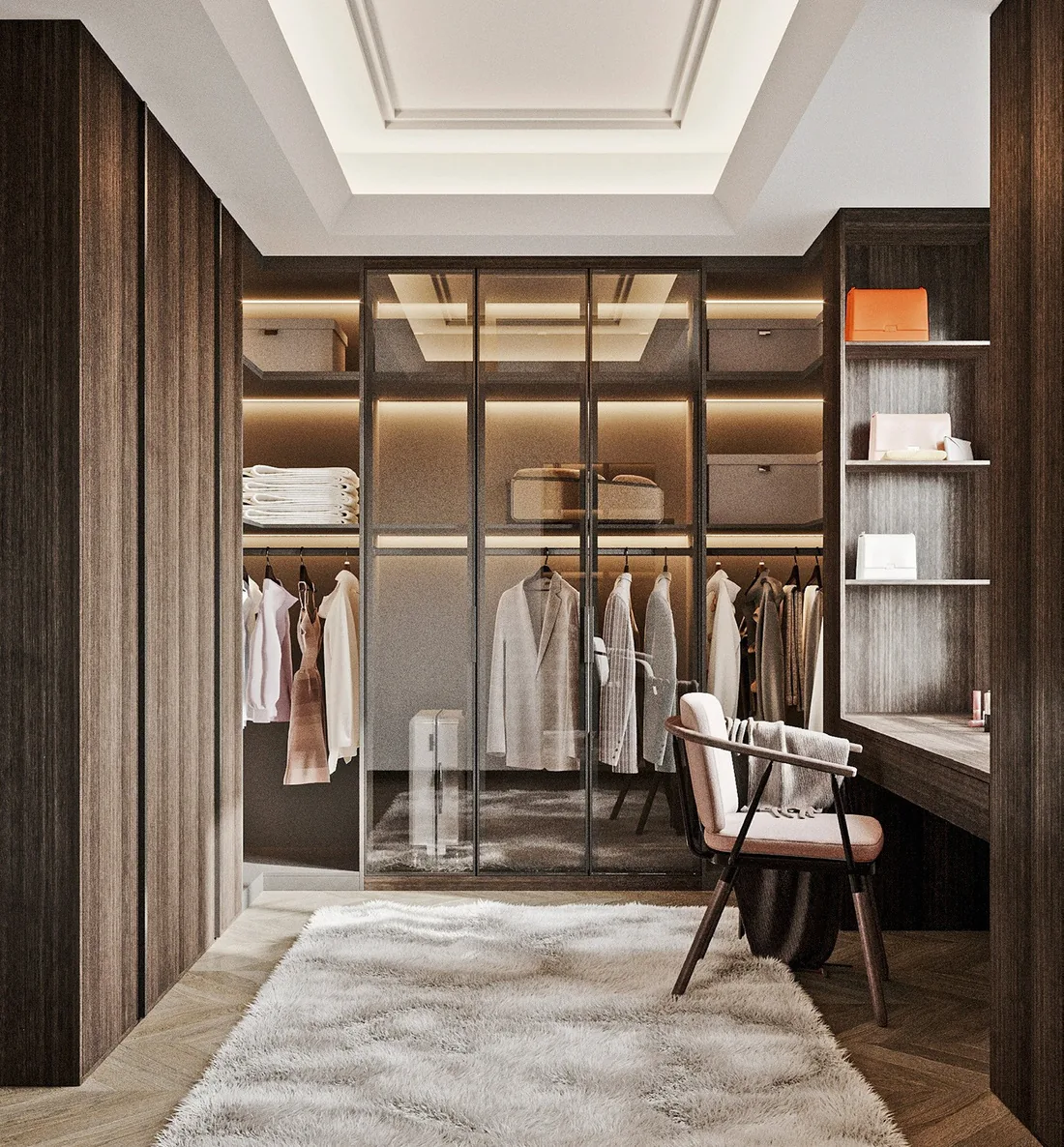 Built-in bedroom wardrobe with custom drawer dividers and jewelry trays, Oahu custom installation