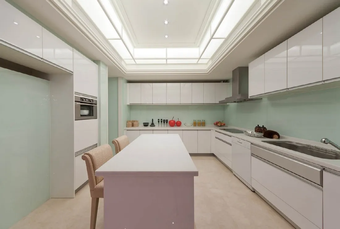 Contemporary kitchen design featuring a stone backsplash and matte finishes, Kapolei showroom display