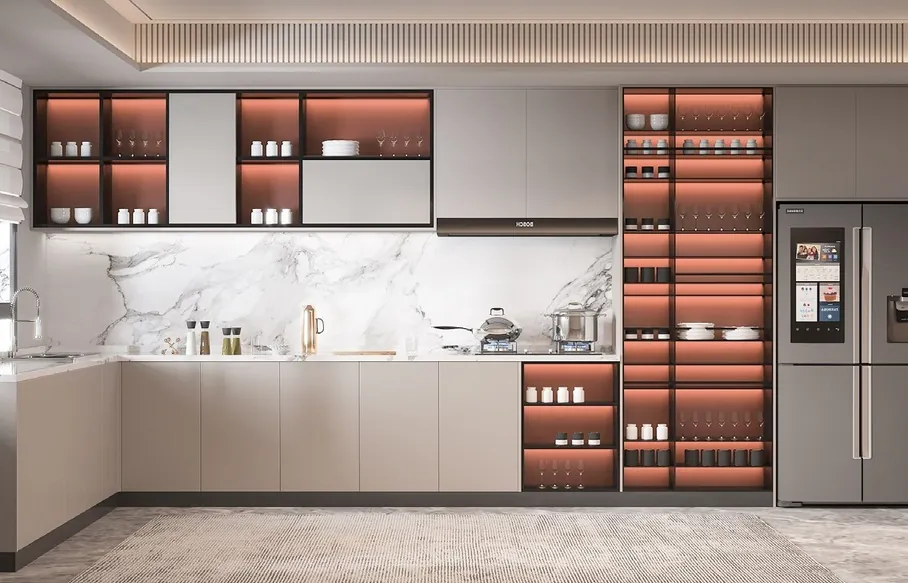 Minimalist kitchen design with porcelain countertops and tall storage walls, Hawaii residence