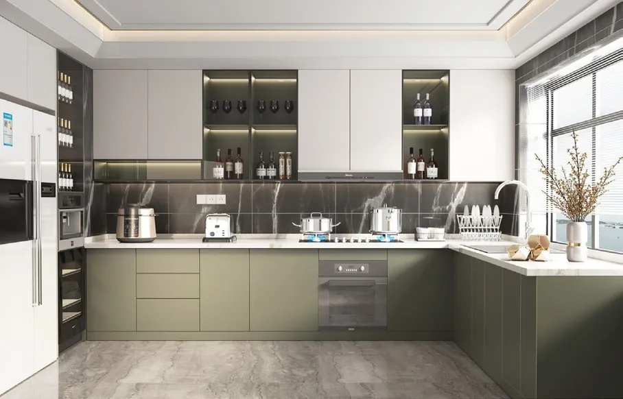 Modern custom kitchen with quartz waterfall island and integrated appliances, Oahu showroom