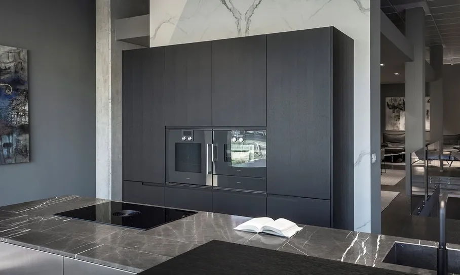 Two-tone kitchen cabinets with built-in wine storage and display shelving, Kapolei showroom display