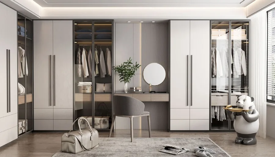 Custom bedroom storage with matte and wood-grain finishes, Kapolei showroom display