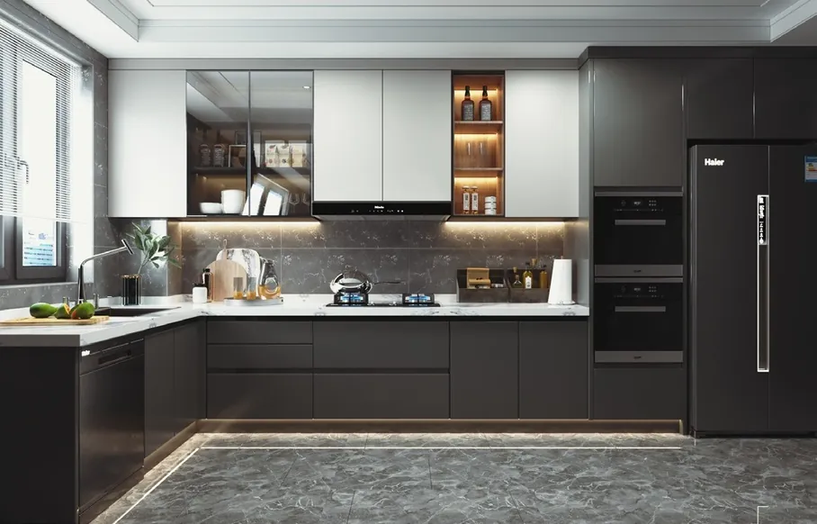 Two-tone kitchen cabinets with built-in wine storage and display shelving, Kapolei showroom display