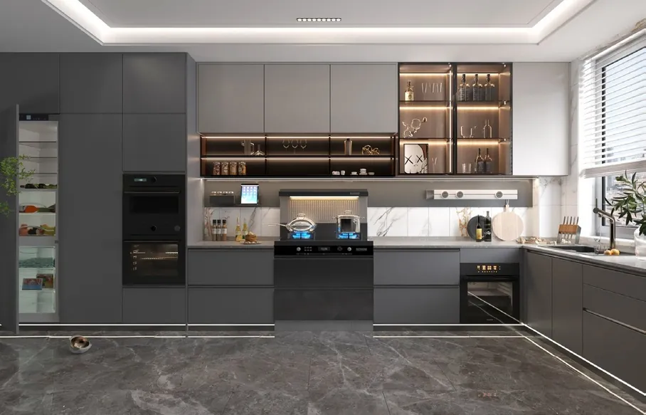 Two-tone kitchen cabinets with built-in wine storage and display shelving, Kapolei showroom display