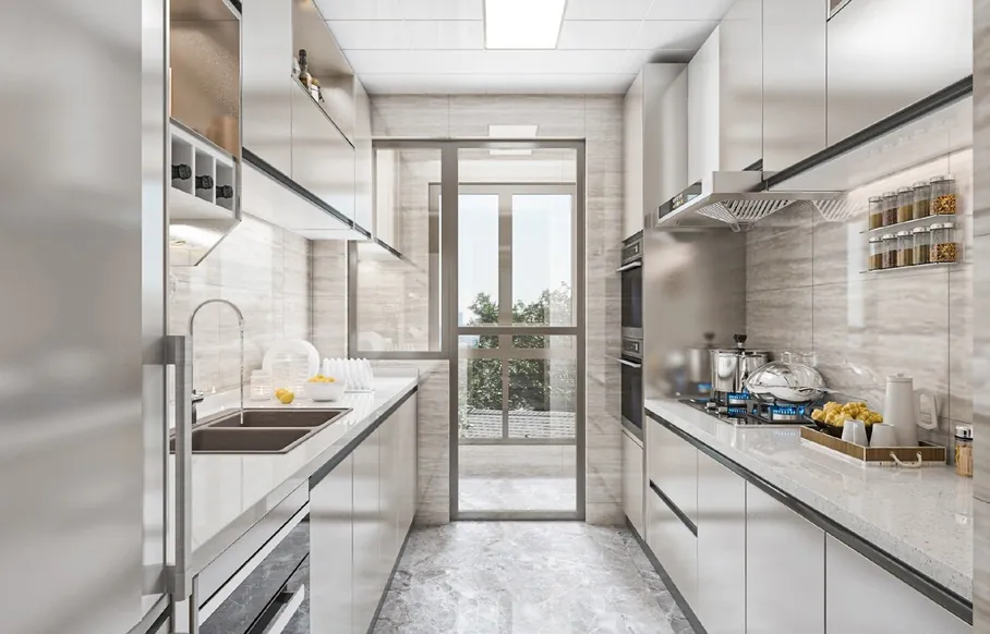 Handleless modern kitchen featuring slab-front cabinetry and under-cabinet LED lighting, Oahu custom installation