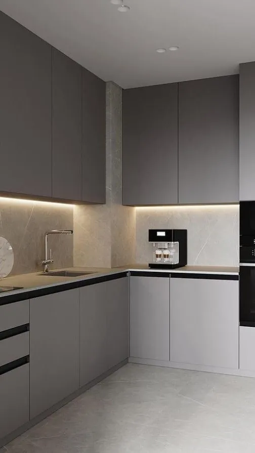 Matte grey handleless kitchen Matte grey handleless kitchen with LED lighting — Oahu