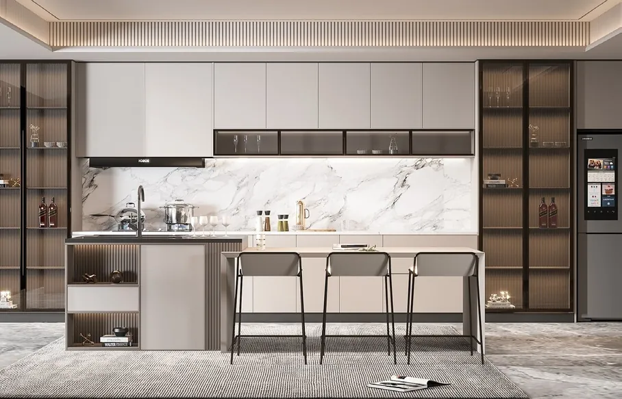 Custom kitchen cabinets featuring walnut accents and soft-close drawers, Oahu custom installation