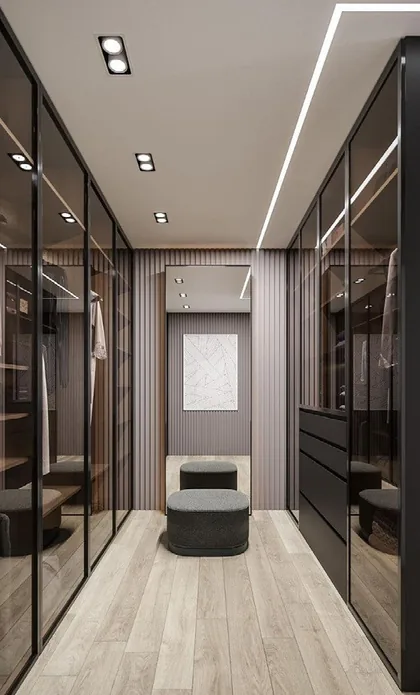 Floor-to-ceiling closet system featuring full-height mirrored doors, Oahu showroom