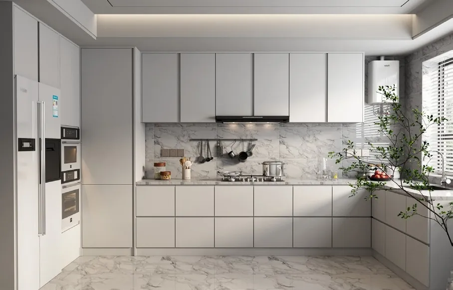 Transitional Hawaii kitchen featuring a marble-look backsplash and integrated dining, Honolulu home