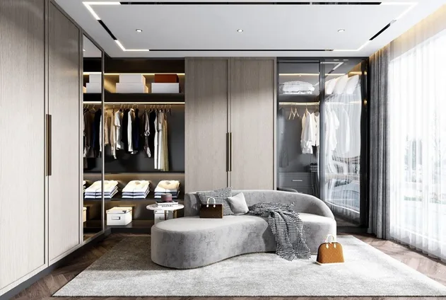 Modern wardrobe design featuring soft-close drawers and hanging rods, Oahu custom installation