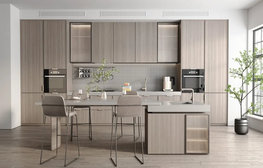 Two-tone kitchen cabinets with built-in wine storage and display shelving, Kapolei showroom display