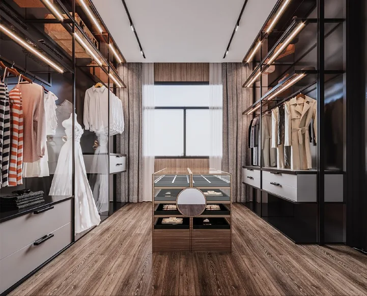 Floor-to-ceiling closet system featuring full-height mirrored doors, Oahu showroom