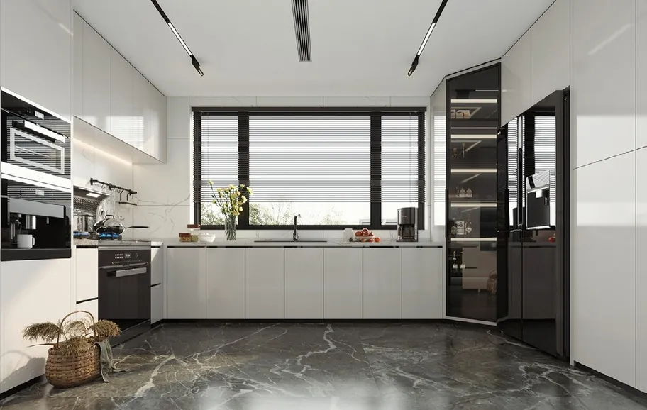 Modern custom kitchen with quartz waterfall island and integrated appliances, Oahu showroom