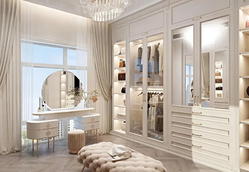 Luxury walk-in closet with open shelving and shoe storage, Honolulu home