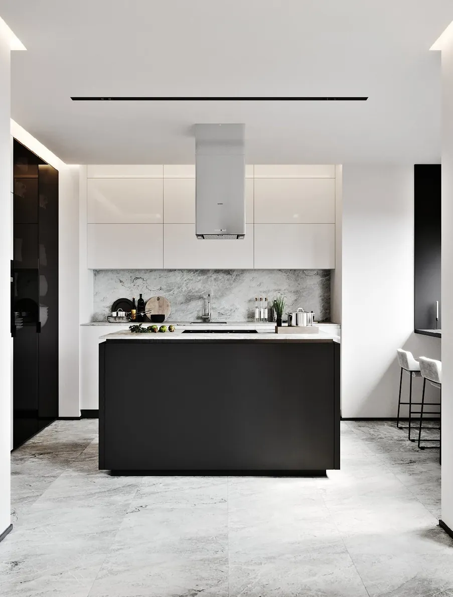 Modern custom kitchen with quartz waterfall island and integrated appliances, Oahu showroom