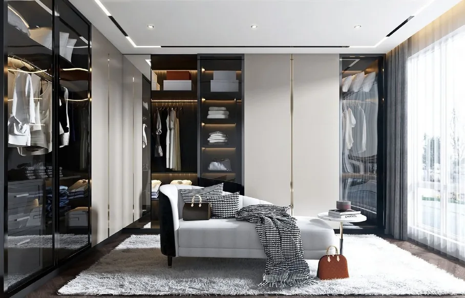 Built-in bedroom wardrobe with custom drawer dividers and jewelry trays, Oahu custom installation