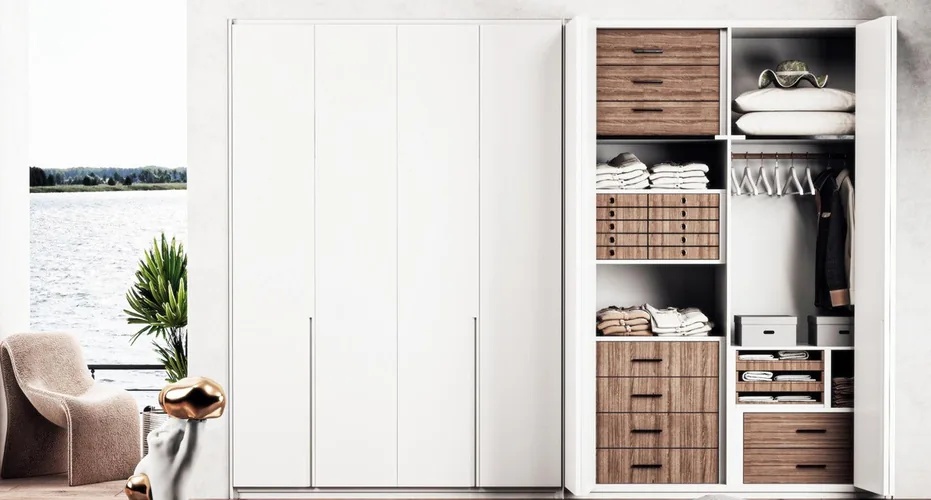 Reach-in wardrobe with glass-front cabinetry, Kapolei showroom display