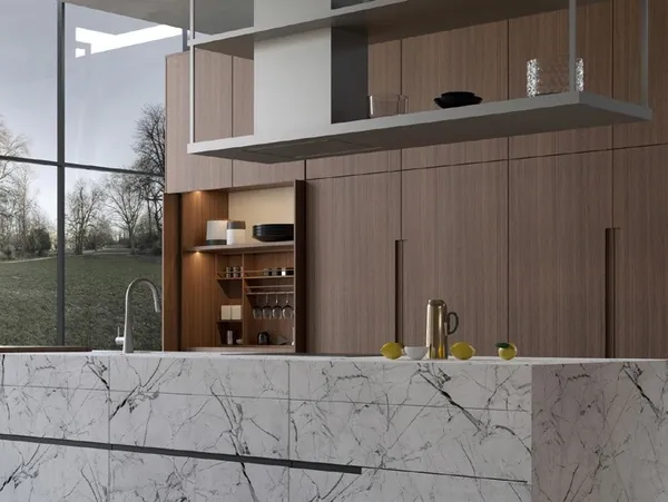 Minimalist kitchen design with porcelain countertops and tall storage walls, Hawaii residence