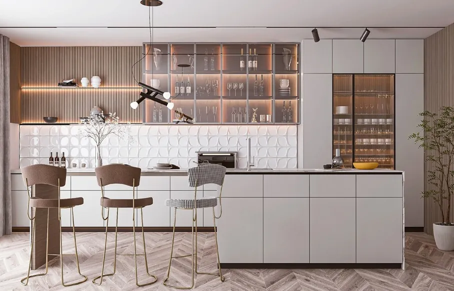 Handleless modern kitchen featuring slab-front cabinetry and under-cabinet LED lighting, Oahu custom installation