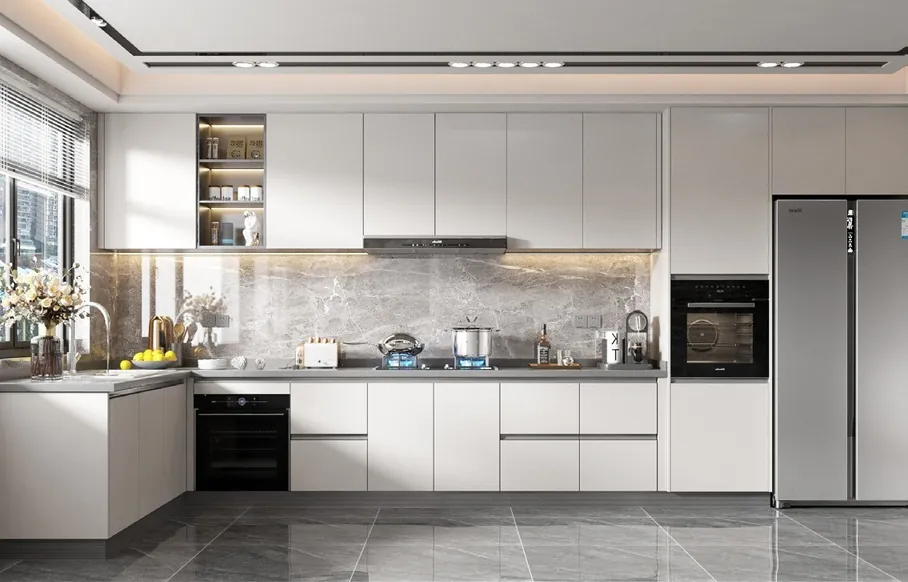 Transitional Hawaii kitchen featuring a marble-look backsplash and integrated dining, Honolulu home
