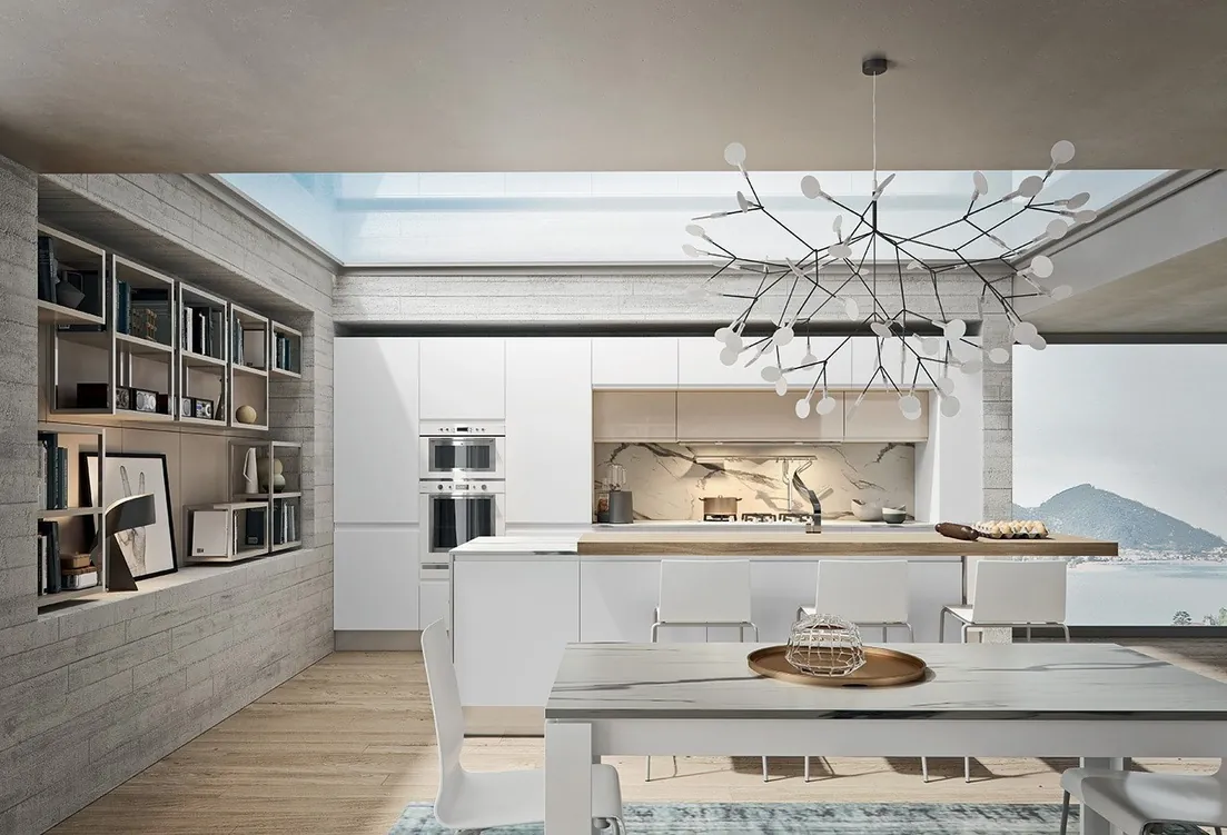 Contemporary kitchen design featuring a stone backsplash and matte finishes, Kapolei showroom display