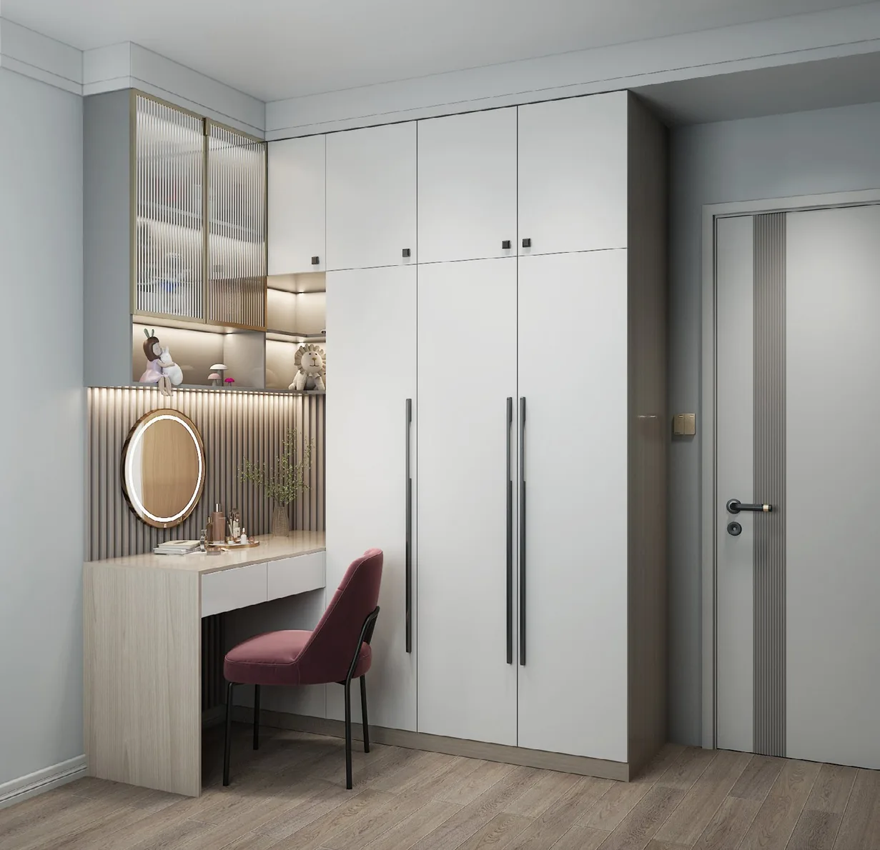 Built-in bedroom wardrobe with custom drawer dividers and jewelry trays, Oahu custom installation