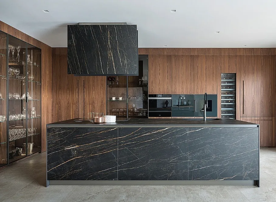 Contemporary kitchen design featuring a stone backsplash and matte finishes, Kapolei showroom display