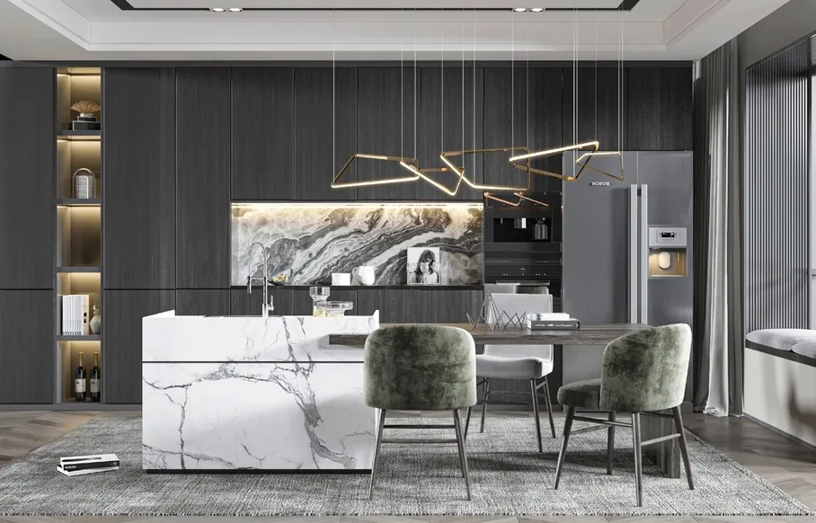 Island kitchen design with breakfast bar seating and pendant lighting, Oahu showroom