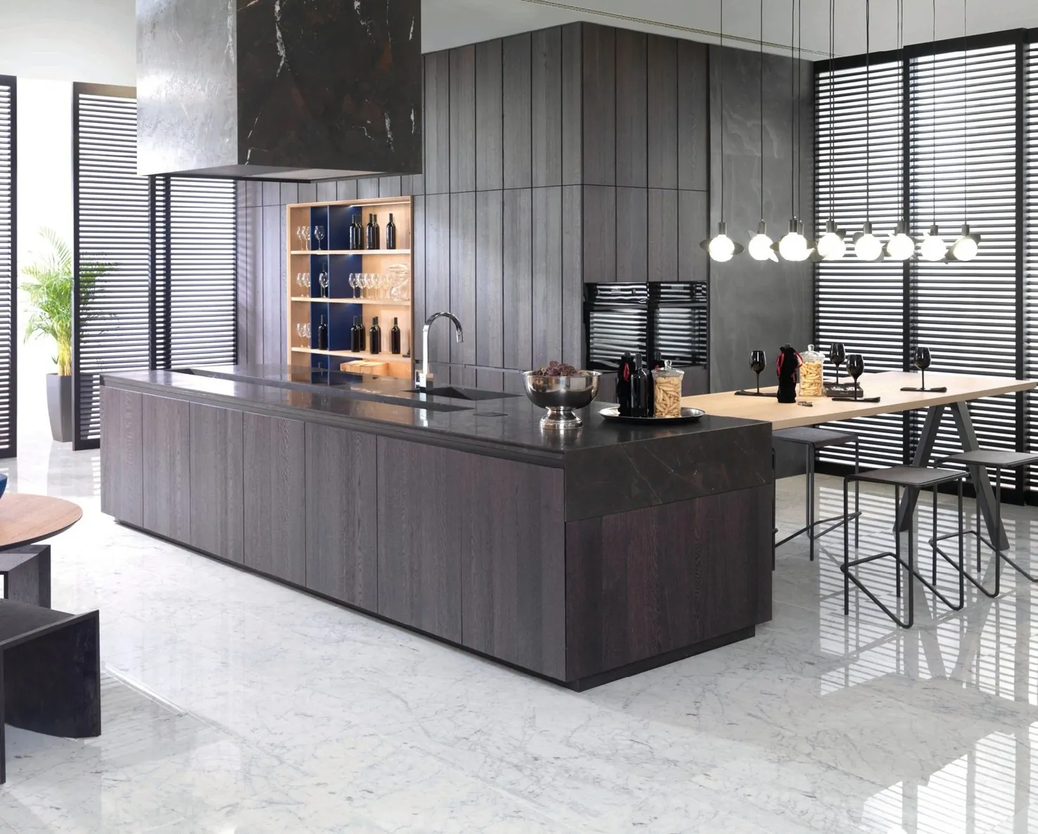 Contemporary kitchen design featuring a stone backsplash and matte finishes, Kapolei showroom display