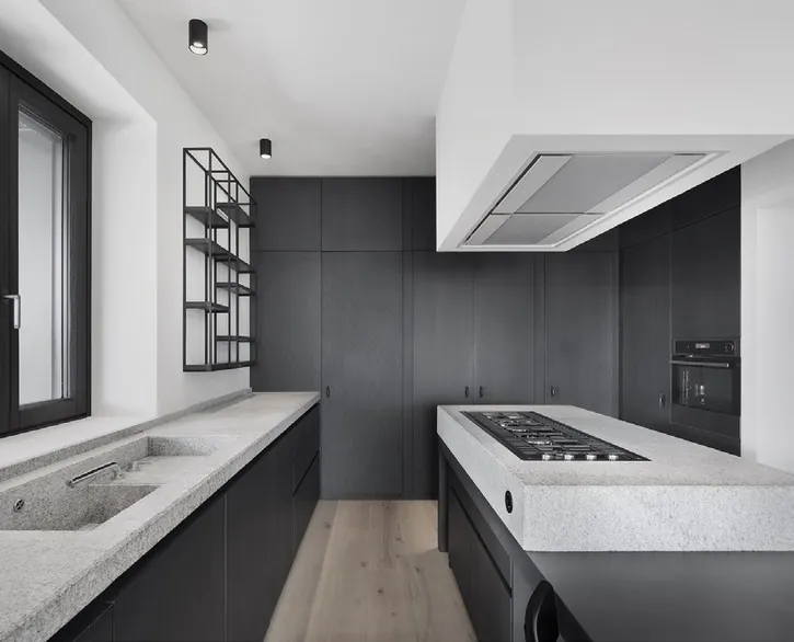Transitional Hawaii kitchen featuring a marble-look backsplash and integrated dining, Honolulu home