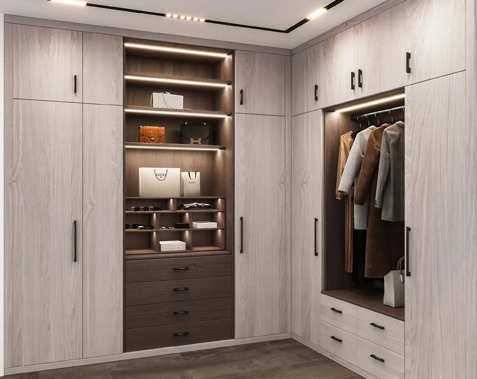 Floor-to-ceiling closet system featuring full-height mirrored doors, Oahu showroom