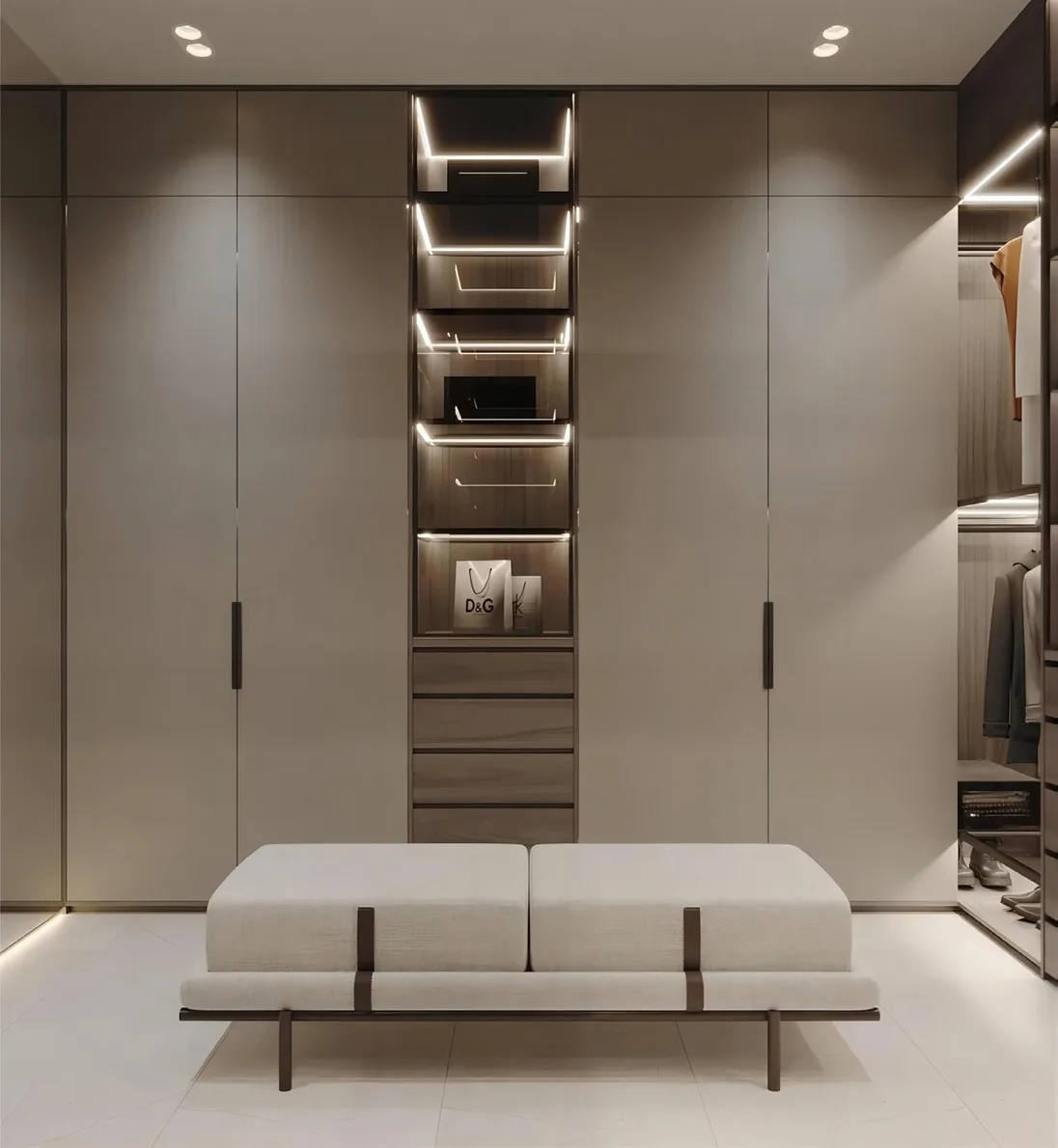Custom walk-in closet with built-in shelving and drawers, Oahu showroom