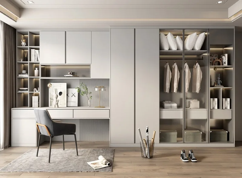 Custom walk-in closet with built-in shelving and drawers, Oahu showroom