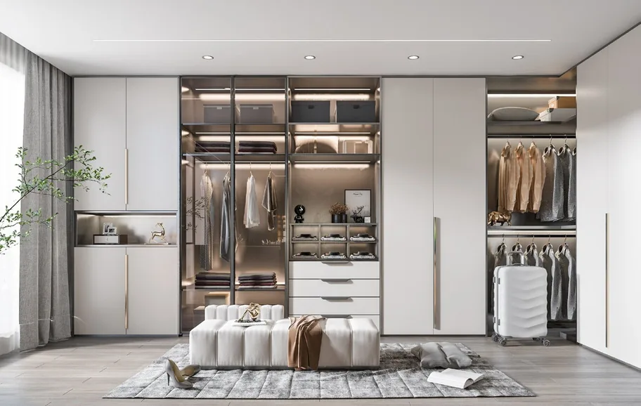 Reach-in wardrobe with glass-front cabinetry, Kapolei showroom display
