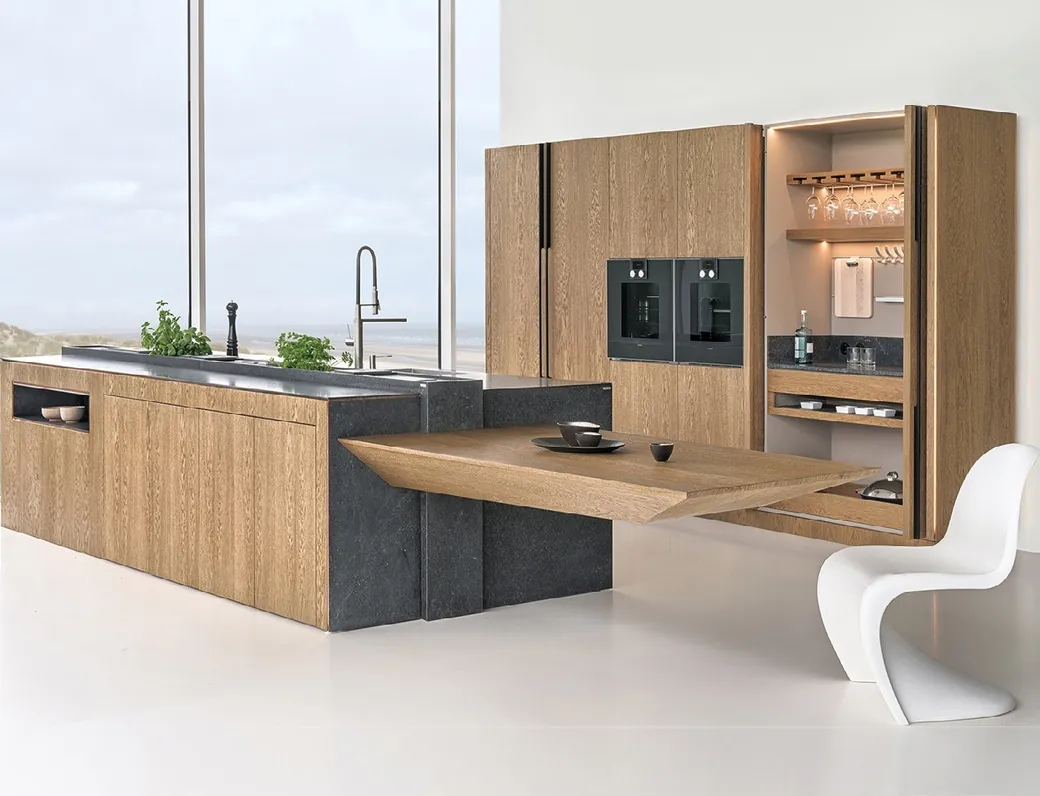 Contemporary kitchen design featuring a stone backsplash and matte finishes, Kapolei showroom display