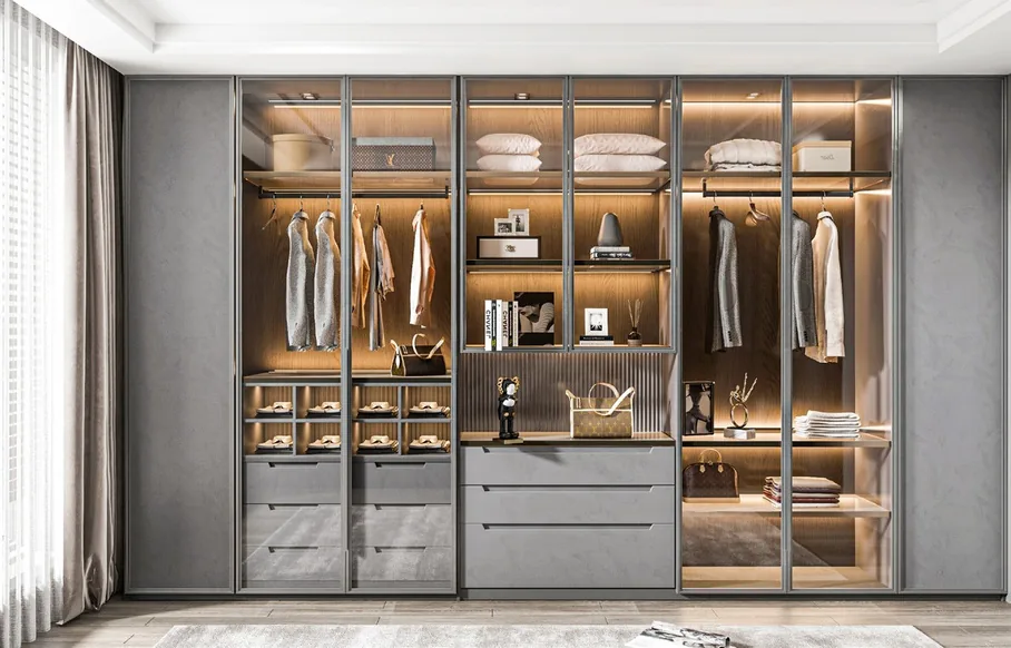 Reach-in wardrobe with glass-front cabinetry, Kapolei showroom display