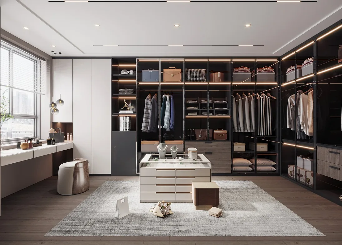 Walk-in dressing room featuring pull-out racks and hampers, Honolulu home