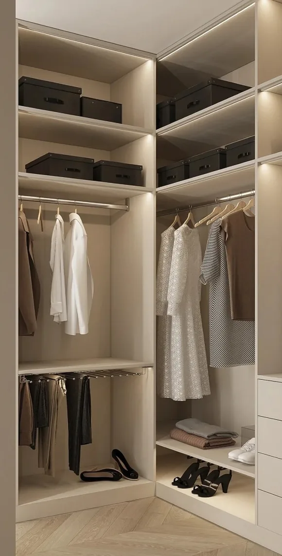 Luxury walk-in closet with open shelving and shoe storage, Honolulu home