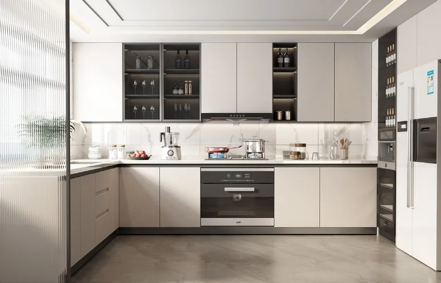 Contemporary kitchen design featuring a stone backsplash and matte finishes, Kapolei showroom display
