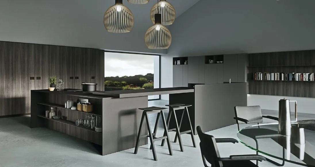 Contemporary kitchen design featuring a stone backsplash and matte finishes, Kapolei showroom display