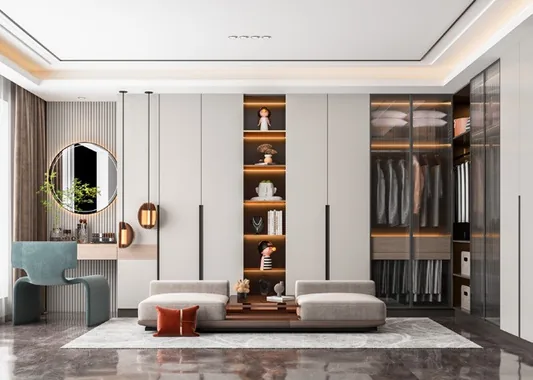 Luxury walk-in closet with open shelving and shoe storage, Honolulu home