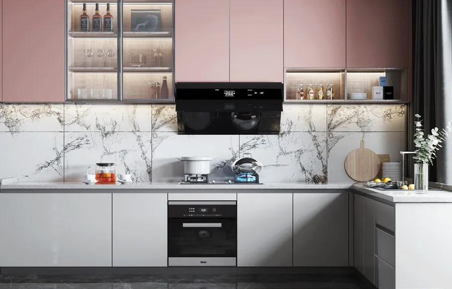 Luxury Oahu kitchen with custom hood, gas cooktop, and prep sink, Honolulu home