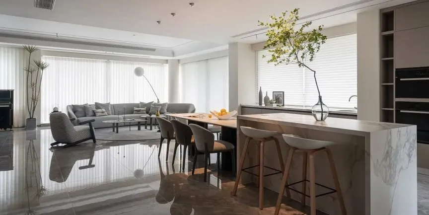 Contemporary kitchen design featuring a stone backsplash and matte finishes, Kapolei showroom display