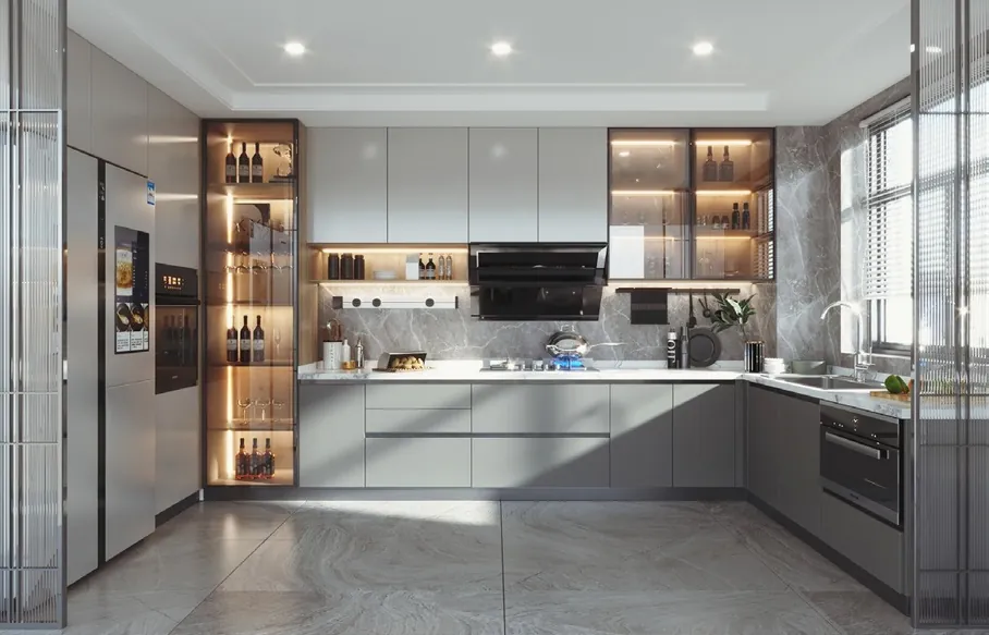 Handleless modern kitchen featuring slab-front cabinetry and under-cabinet LED lighting, Oahu custom installation