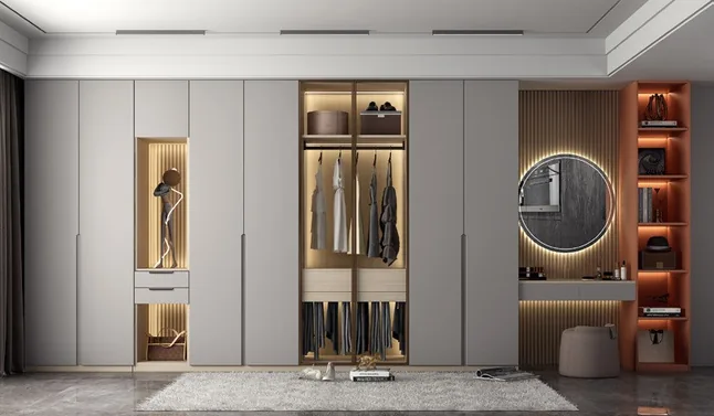 Custom bedroom storage with matte and wood-grain finishes, Kapolei showroom display