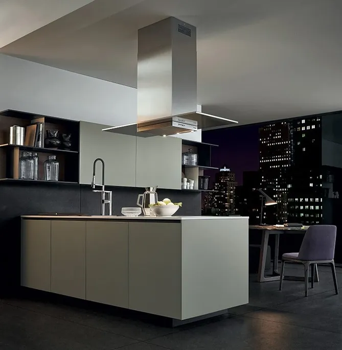 Contemporary kitchen design featuring a stone backsplash and matte finishes, Kapolei showroom display