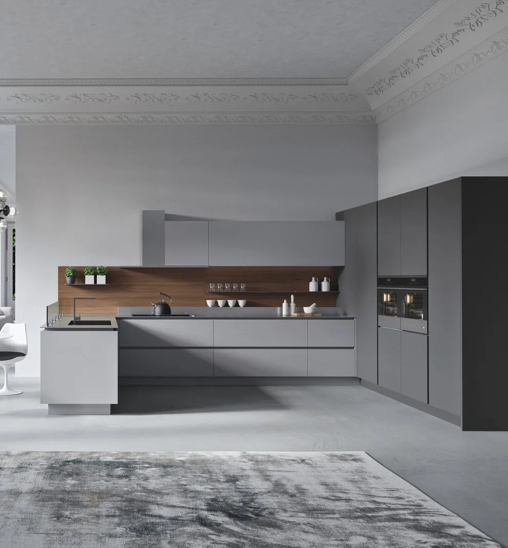 Contemporary kitchen design featuring a stone backsplash and matte finishes, Kapolei showroom display