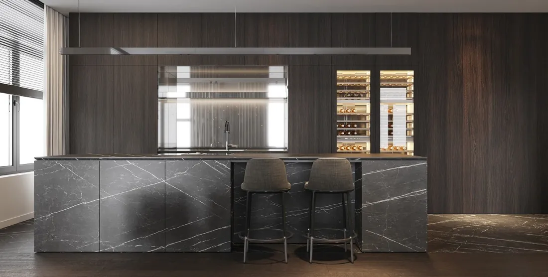 Island kitchen design with breakfast bar seating and pendant lighting, Oahu showroom