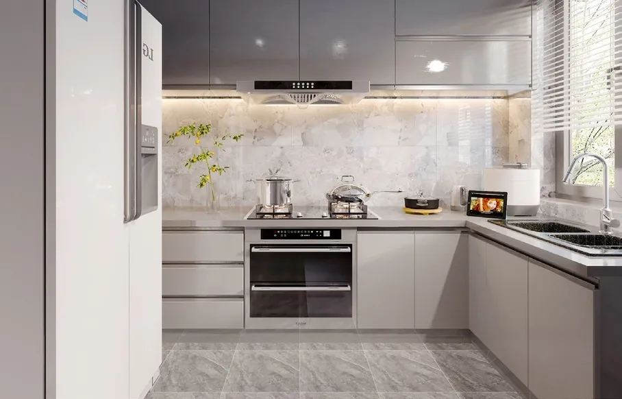 Minimalist kitchen design with porcelain countertops and tall storage walls, Hawaii residence